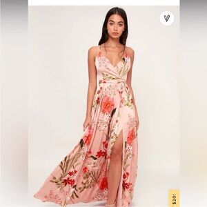 Lulu's Pink Floral Wrap Maxi Dress with Red & Green Blooms